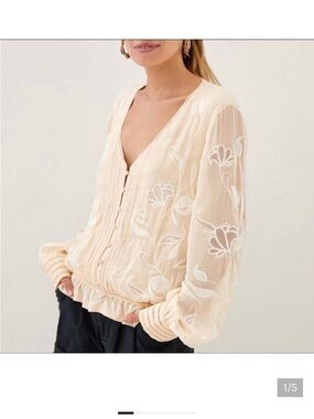 Anthropologie Cream Embroidered Button-Down Peplum Blouse